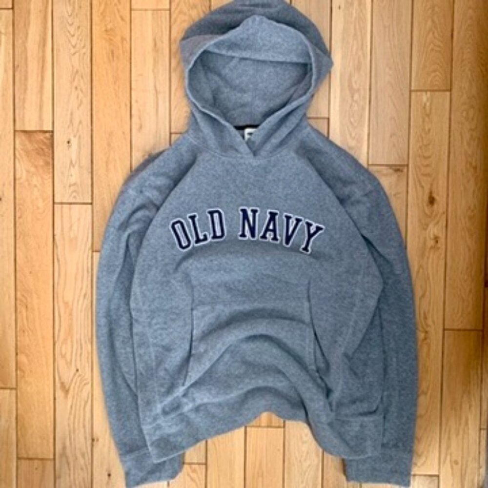 Vintage Old Navy Fleece Hoodie Men’s XL Pullover Sweater Gray Spell Out 90s 00s